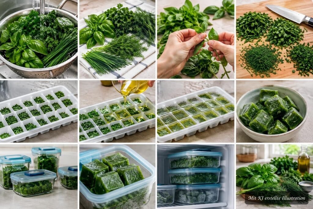 Frische Kräuter einfrieren – welche Sorten dafür besonders gut geeignet sind Frische Kräuter werden vorbereitet und portionsweise zum Einfrieren verpackt.