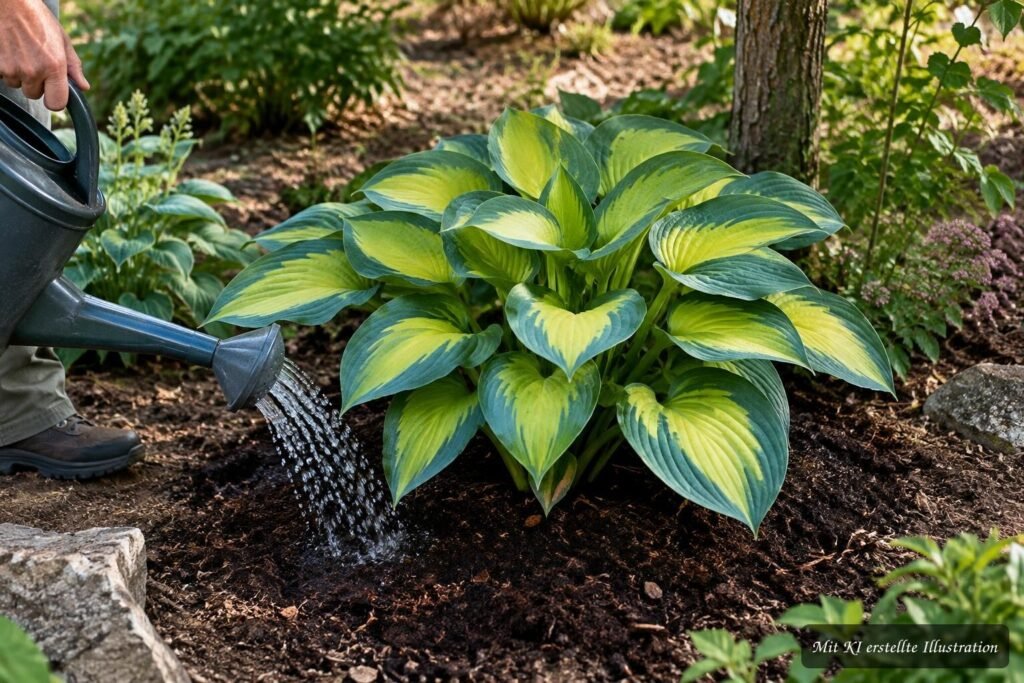 Funkie ‘June’ (Hosta ‘June’) – Pflege und Tipps für schöne Blattfarben Funkie ‘June’ mit grün-gelben Blättern beim richtigen Gießen und Düngen im Garten