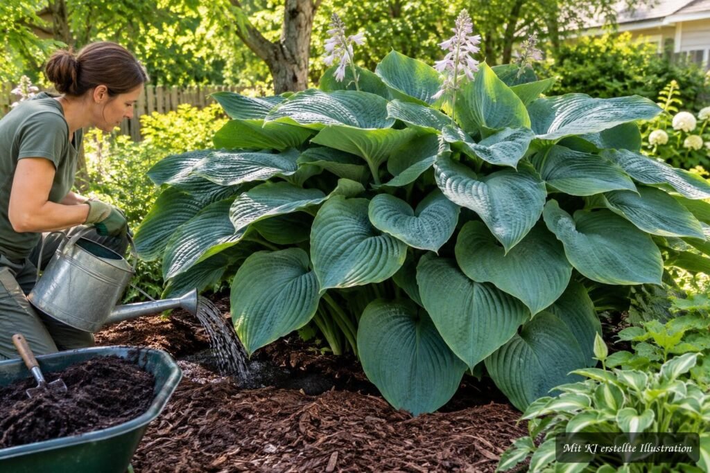 Riesen-Funkie „Empress Wu“ mit großen Blättern beim Gießen und Düngen im Garten