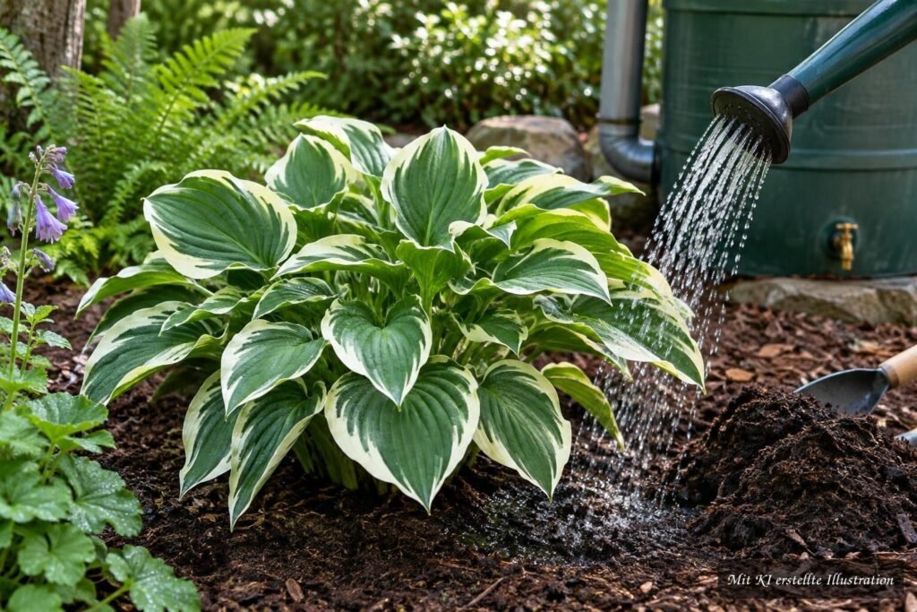 Hosta ‘Francee’ mit frisch gegossenem Boden und natürlichem Dünger im Gartenbeet