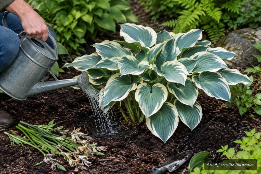Funkie „First Frost“ mit dekorativen blaugrünen Blättern im Gartenbeet