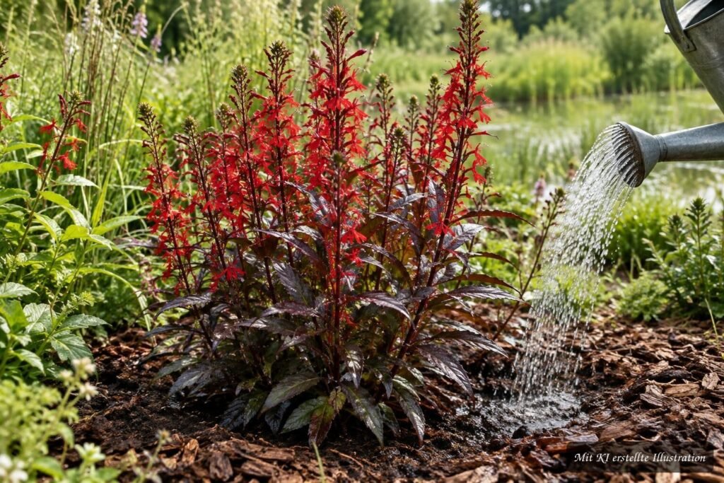 Pracht-Lobelie ‘Queen Victoria’ (Lobelia cardinalis ‘Queen Victoria’) – Pflege, Standort und Blüte Pracht-Lobelie ‘Queen Victoria’ mit roten Blüten beim Gießen und Pflegen im Garten
