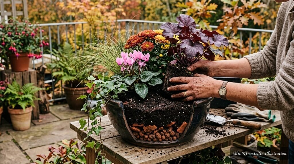 Herbstliche Kübel mit harmonischen Pflanzenkombinationen auf Terrasse und Balkon, fachgerecht bepflanzt