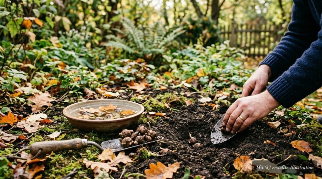 Winterlinge werden im Herbst unter Laub in lockere Erde gepflanzt und bringen im Frühjahr frühe gelbe Blüten in den naturnahen Garten.
