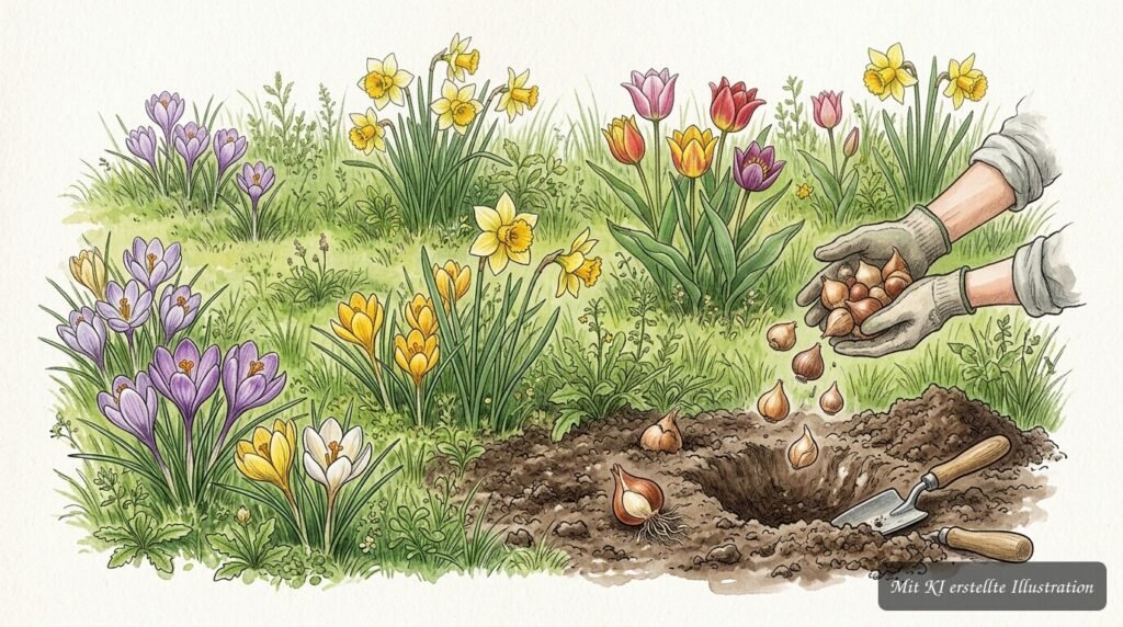 Blumenzwiebeln werden locker verteilt und für einen natürlich wirkenden Frühlingsgarten in die Erde gepflanzt.