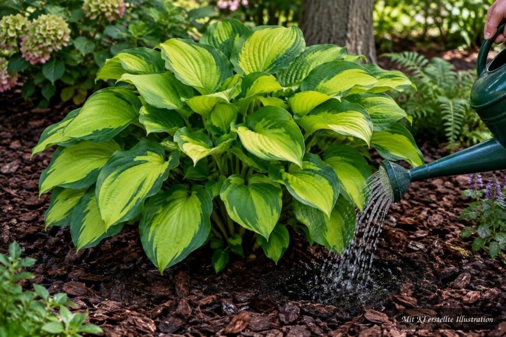 Funkie ‘Guacamole’ (Hosta ‘Guacamole’) – Pflege, Blüte und Standort Funkie „Guacamole“ mit üppigen grün-gelben Blättern am halbschattigen Standort beim Gießen