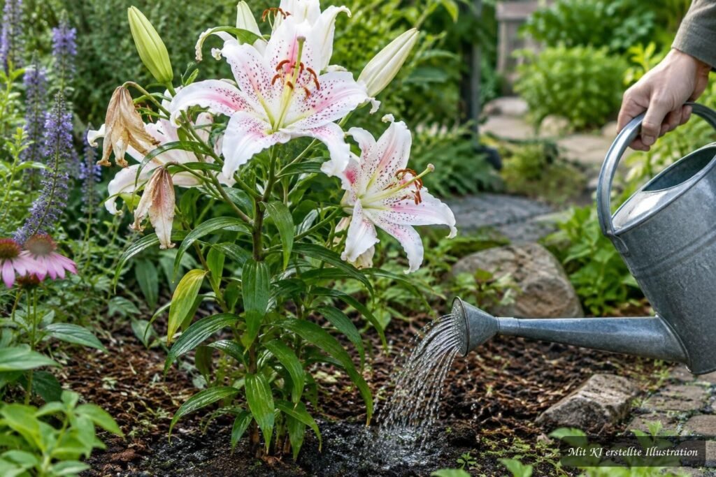 Oriental-Lilie ‘Muscadet’ mit großen Blüten im Garten, passend zu Tipps für Pflege und richtiges Gießen