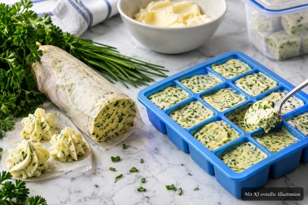 Kräuterbutter einfrieren – praktische Vorratsidee für Petersilie, Schnittlauch und Co. Kräuterbutter mit Petersilie und Schnittlauch wird portionsweise in Eiswürfelformen eingefroren.