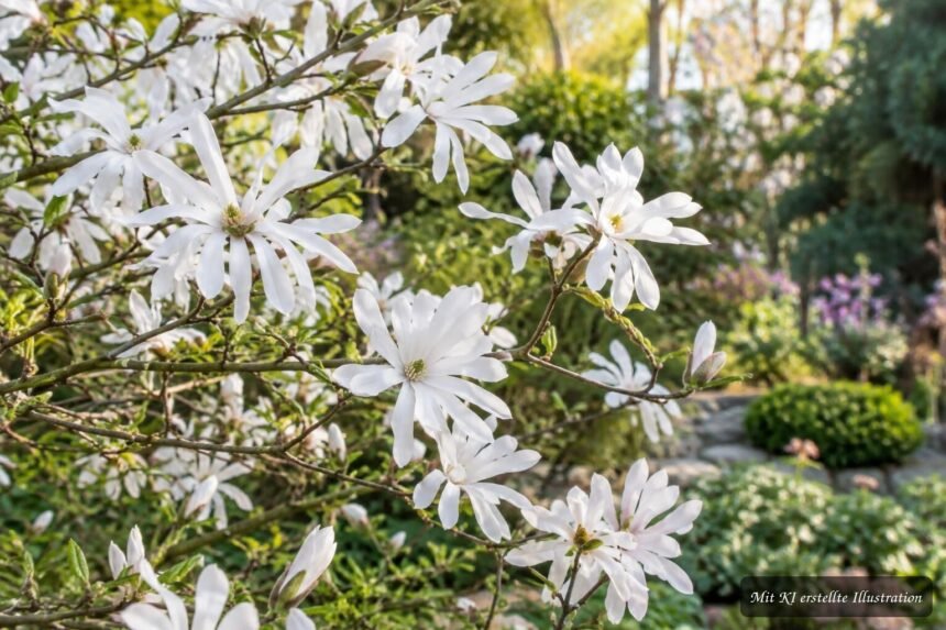 Stern-Magnolie (Magnolia stellata) – Pflege und Tipps für eine üppige Frühlingsblüte Stern-Magnolie mit weißen Blüten im sonnigen Frühlingsgarten