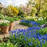 Leuchtend blaue Traubenhyazinthen blühen im Frühlingsbeet zwischen frischem Grün