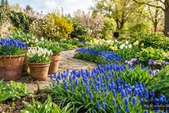 Leuchtend blaue Traubenhyazinthen blühen im Frühlingsbeet zwischen frischem Grün