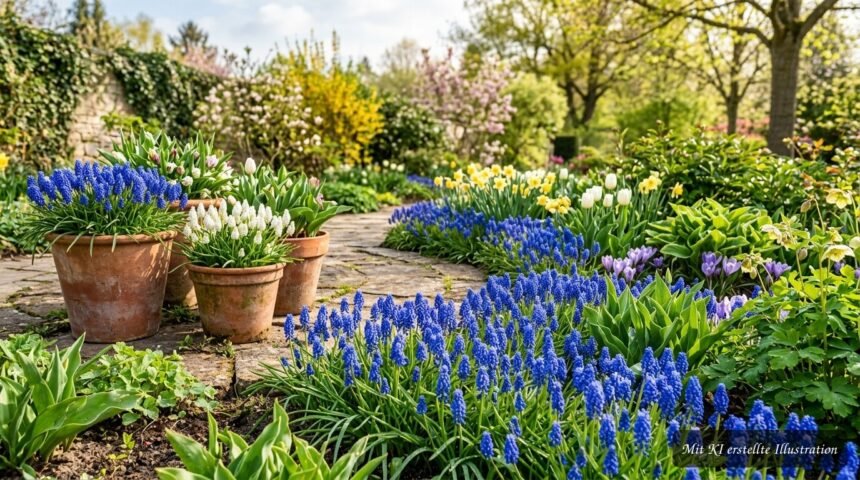 Leuchtend blaue Traubenhyazinthen blühen im Frühlingsbeet zwischen frischem Grün