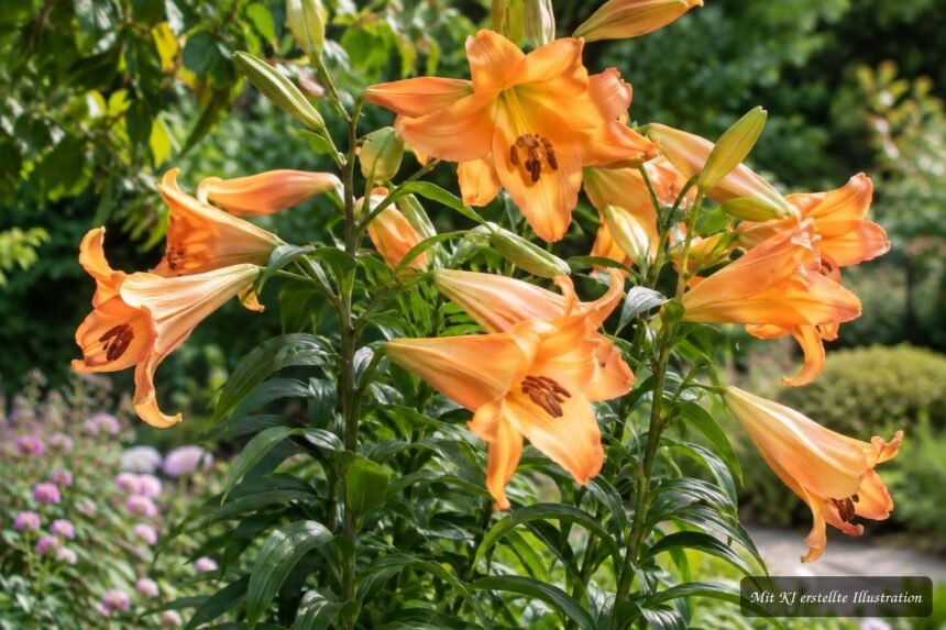 Trompeten-Lilie ‘African Queen’ (Lilium ‘African Queen’) – Pflege, Standort und Überwinterung Trompeten-Lilie ‘African Queen’ mit großen aprikosenfarbenen Blüten im sommerlichen Garten