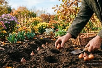 Tulpenzwiebeln werden im Herbst mit richtigem Abstand und geeigneter Pflanztiefe gesetzt