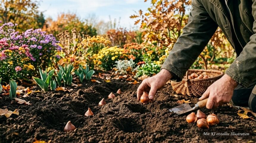 Tulpenzwiebeln werden im Herbst mit richtigem Abstand und geeigneter Pflanztiefe gesetzt
