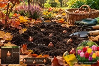 Tulpenzwiebeln werden im Herbst mit richtigem Abstand und passender Tiefe gepflanzt