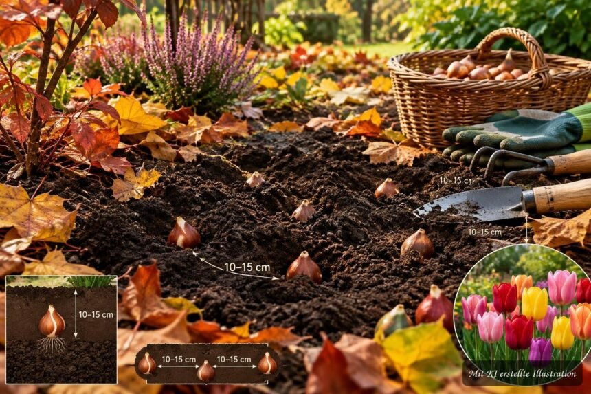 Tulpenzwiebeln werden im Herbst mit richtigem Abstand und passender Tiefe gepflanzt