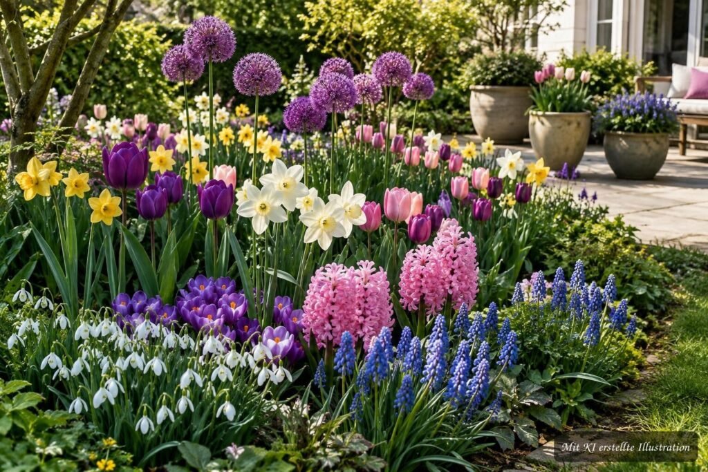Vier Pflanzideen mit Blumenzwiebeln für abwechslungsreiche Beete und eine lange Blütezeit im Frühjahr