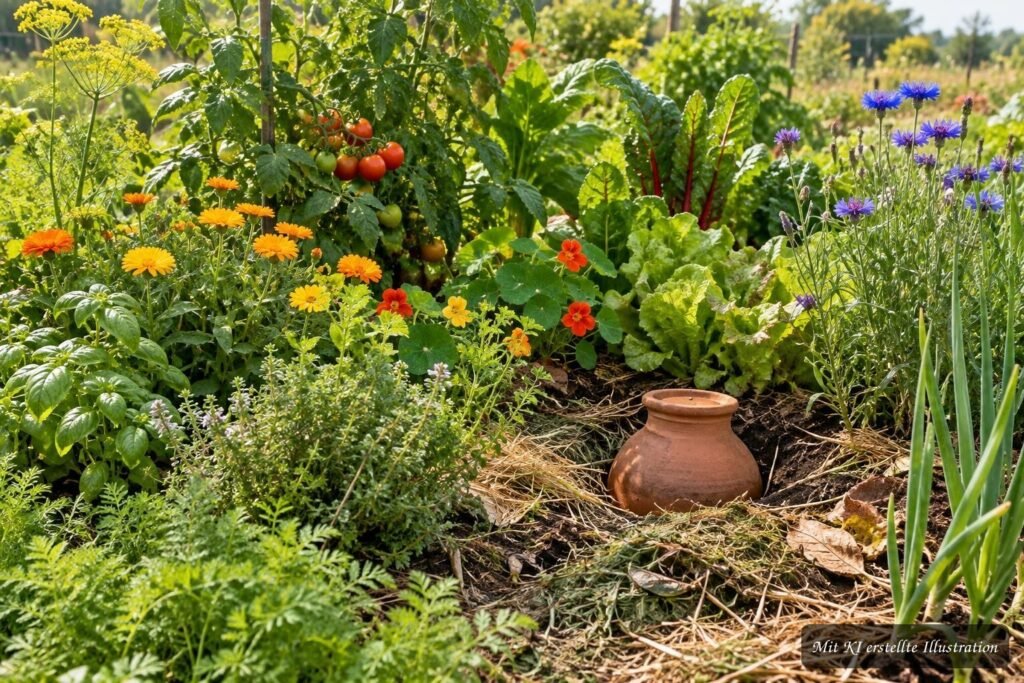 Permakultur-Beet mit Mulchschicht, Wasserspeicher und sinnvoll kombinierten Pflanzen