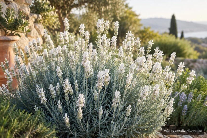 Weißer Lavendel ‘Edelweiss’ mit schneeweißen Blüten im sonnigen Gartenbeet
