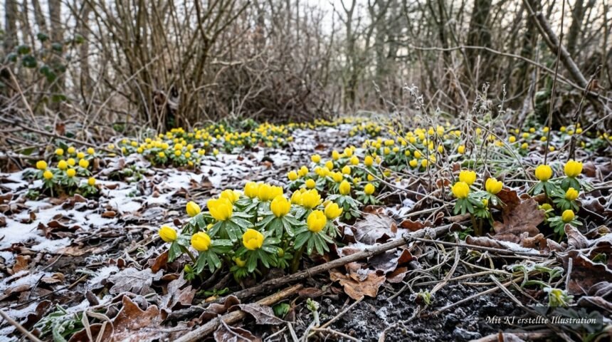 Gelbe Winterlinge blühen im Februar zwischen Schnee und winterlichem Gartenboden