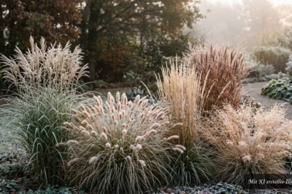 Herbstliche Ziergräser mit goldenen Halmen und filigranen Blütenständen im Garten