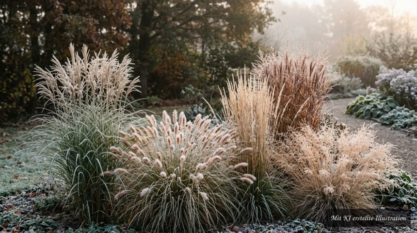 Herbstliche Ziergräser mit goldenen Halmen und filigranen Blütenständen im Garten