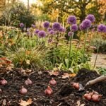Große violette Allium-Blütenkugeln schmücken im Frühling ein sonniges Gartenbeet.