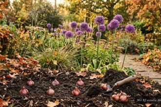 Große violette Allium-Blütenkugeln schmücken im Frühling ein sonniges Gartenbeet.
