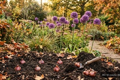 Große violette Allium-Blütenkugeln schmücken im Frühling ein sonniges Gartenbeet.