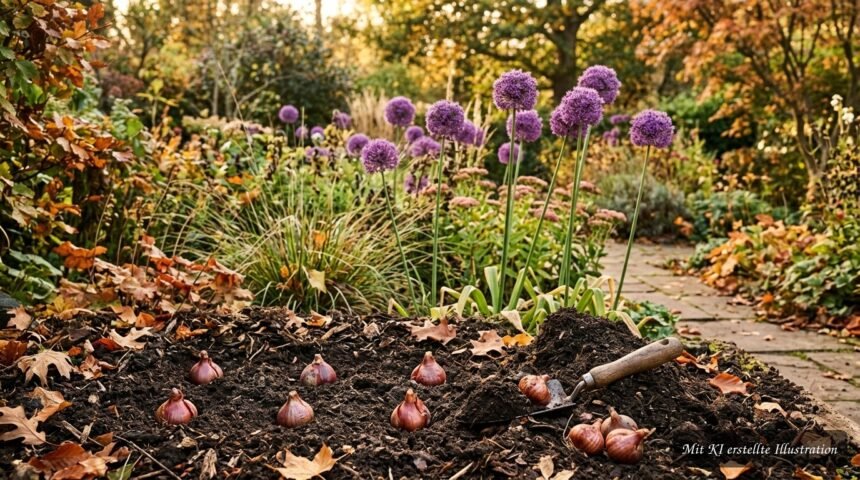 Große violette Allium-Blütenkugeln schmücken im Frühling ein sonniges Gartenbeet.