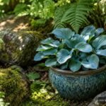 Zwerg-Funkie ‘Blue Mouse Ears’ mit blaugrünen Blättern im schattigen Gartenbeet