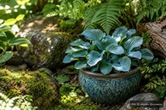 Zwerg-Funkie ‘Blue Mouse Ears’ mit blaugrünen Blättern im schattigen Gartenbeet