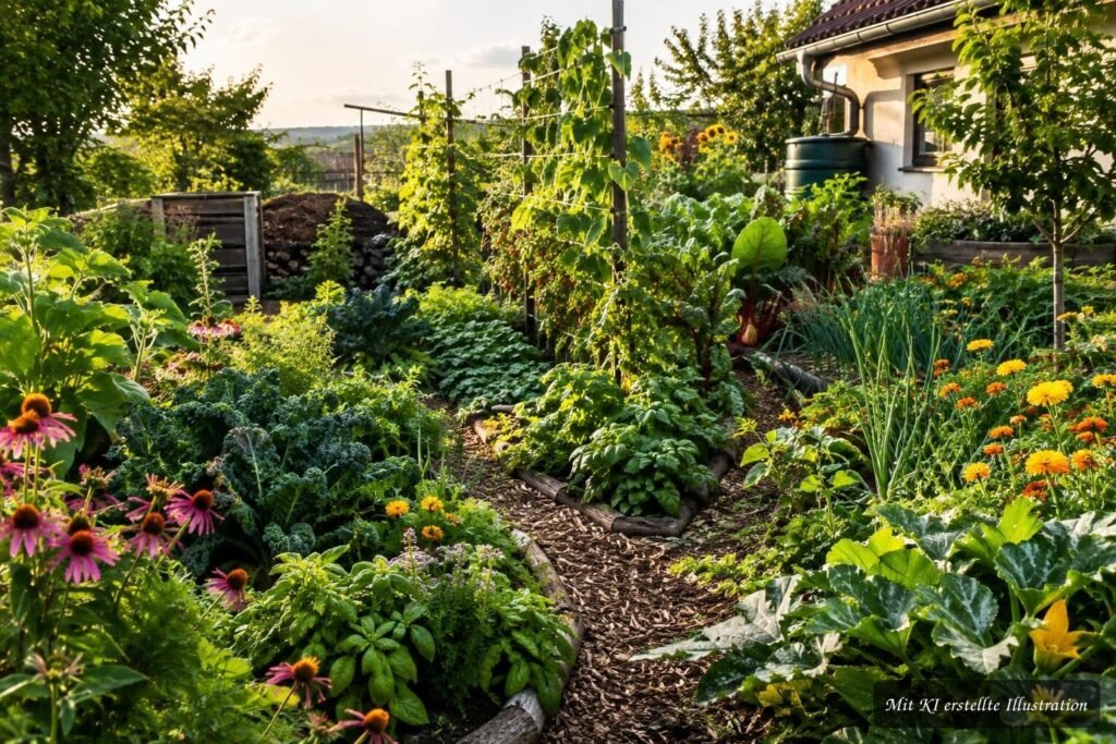 Dicht bepflanztes Gartenbeet mit Bodendeckern schützt den Boden nach dem Dürresommer 2026
