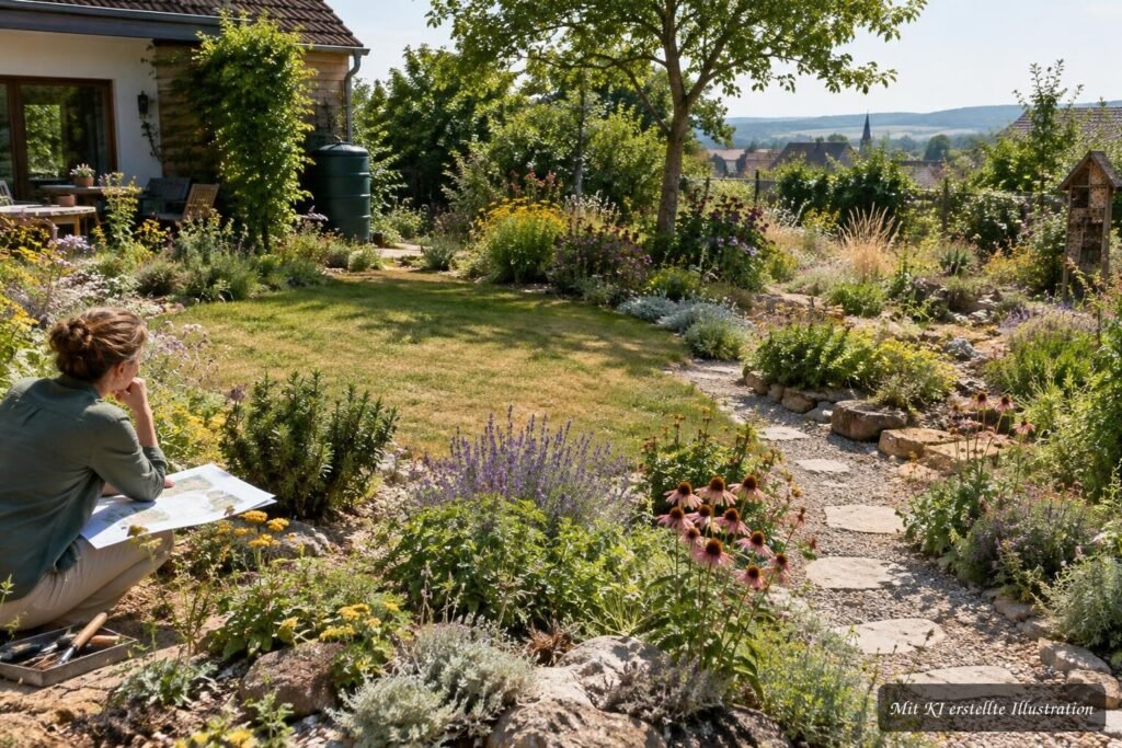 Gartenplanung 2027 mit kleinerer Rasenfläche und trockenheitsverträglichen Pflanzen nach dem Dürresommer 2026