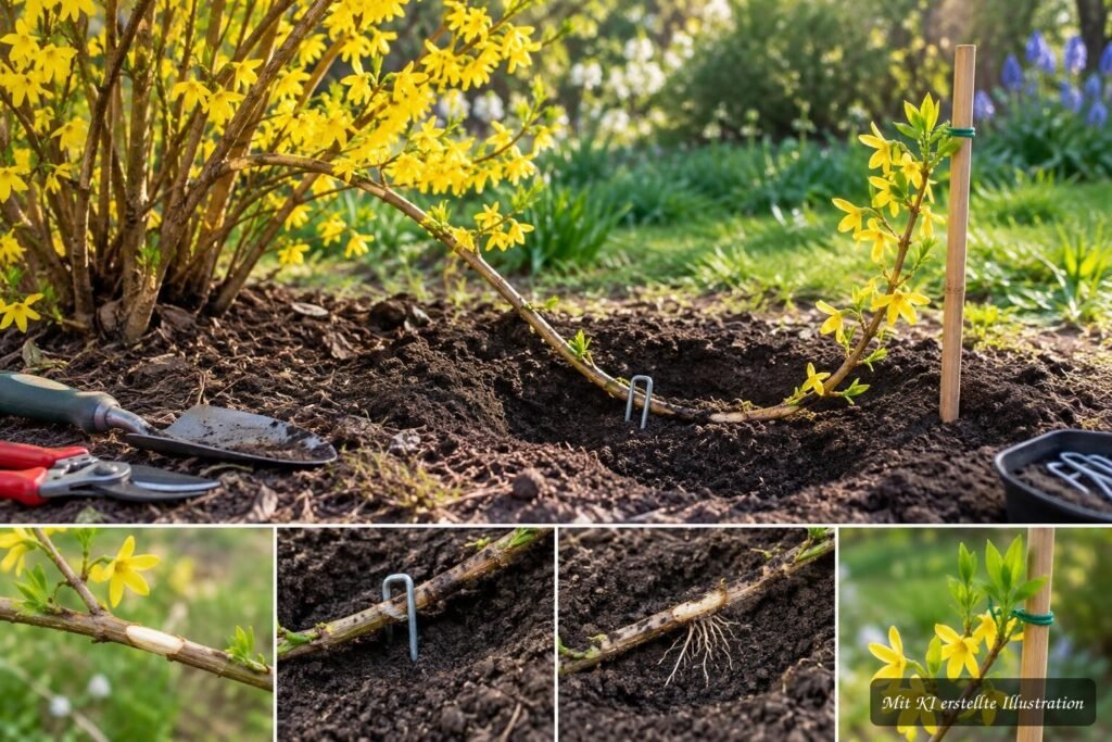 Forsythienzweig wird als Absenker im Boden fixiert, um eine neue Pflanze zu ziehen