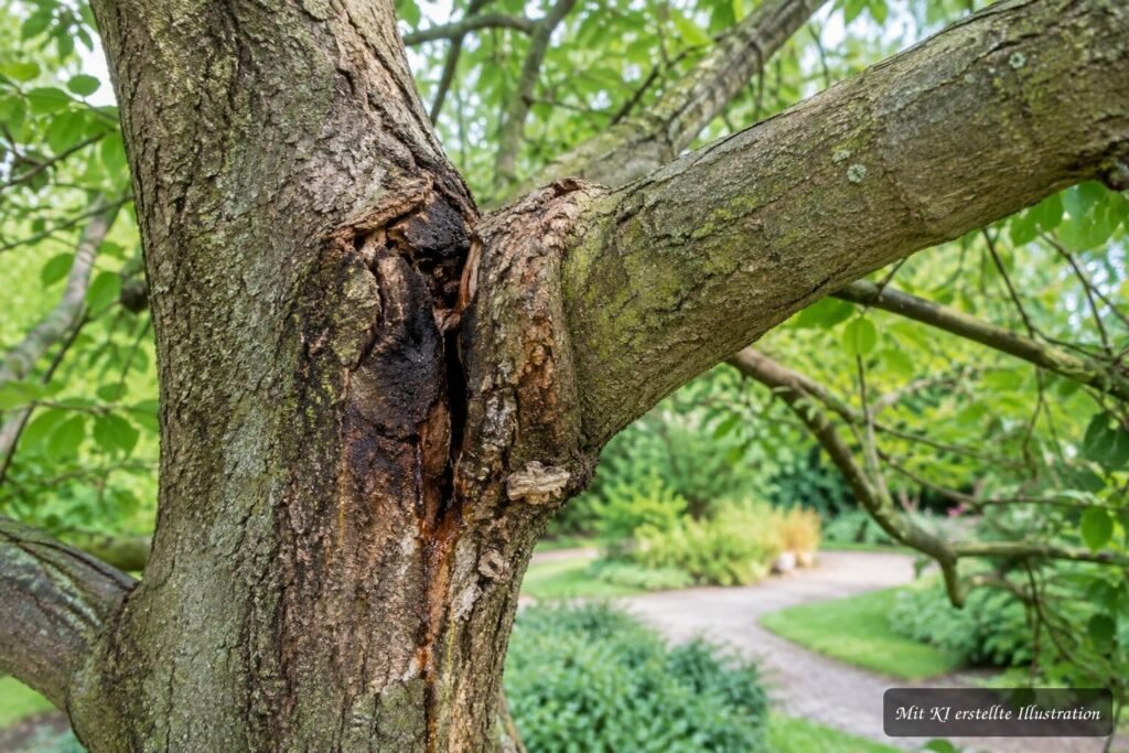Instabile Astgabel an einem Baum mit sichtbaren Rissen als Hinweis auf mögliche Bruchgefahr
