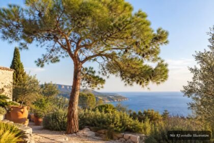 Aleppo-Kiefer mit charakteristischem Wuchs in mediterraner Landschaft