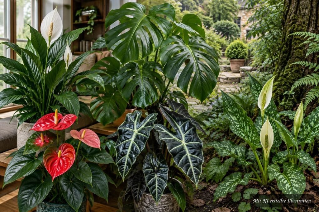 Aronstabgewächse erkennen: Typische Merkmale und bekannte Vertreter Verschiedene Aronstabgewächse mit charakteristischen Blättern und Blüten für Garten und Zimmer