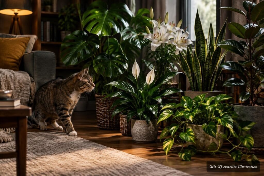 Giftige Zimmerpflanzen für Katzen: Welche Arten wirklich gefährlich sein können Katze neben giftigen Zimmerpflanzen wie Lilie, Dieffenbachie und Efeutute im Wohnzimmer