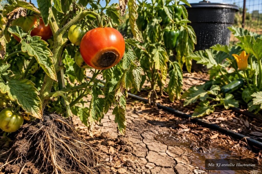 Tomaten, Paprika und Zucchini zeigen bei Hitze Blütenendfäule trotz ausreichender Bodennährstoffe.