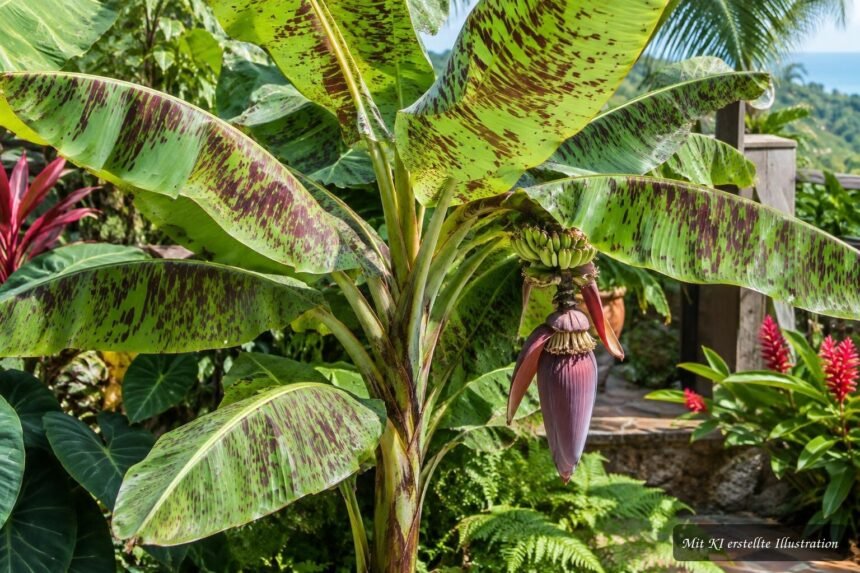 Blutbanane Musa zebrina mit rot gefleckten Blättern als exotischer Blickfang auf der Terrasse