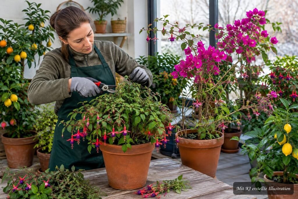 Bougainvillea und Fuchsien werden vor dem Überwintern fachgerecht zurückgeschnitten.