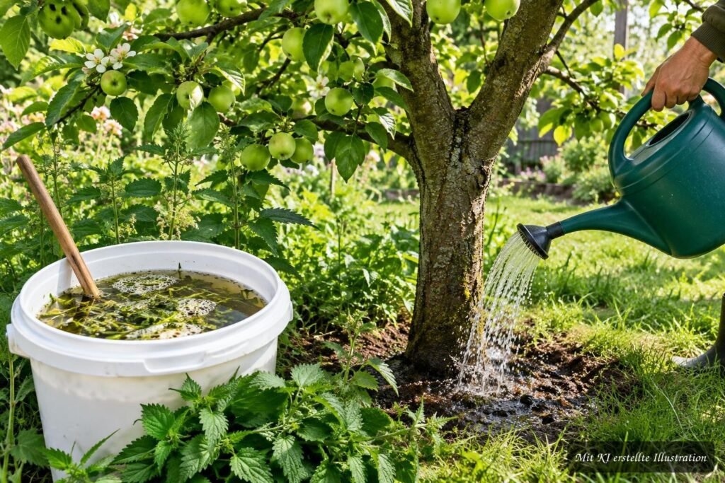 Brennnesseljauche als selbst gemachter Dünger für gesundes Wachstum am Apfelbaum