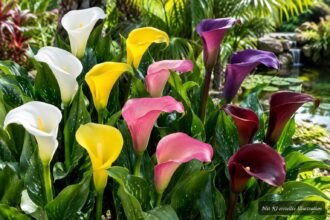 Farbige Calla-Sorten mit eleganten Blüten und glänzendem Laub im Garten