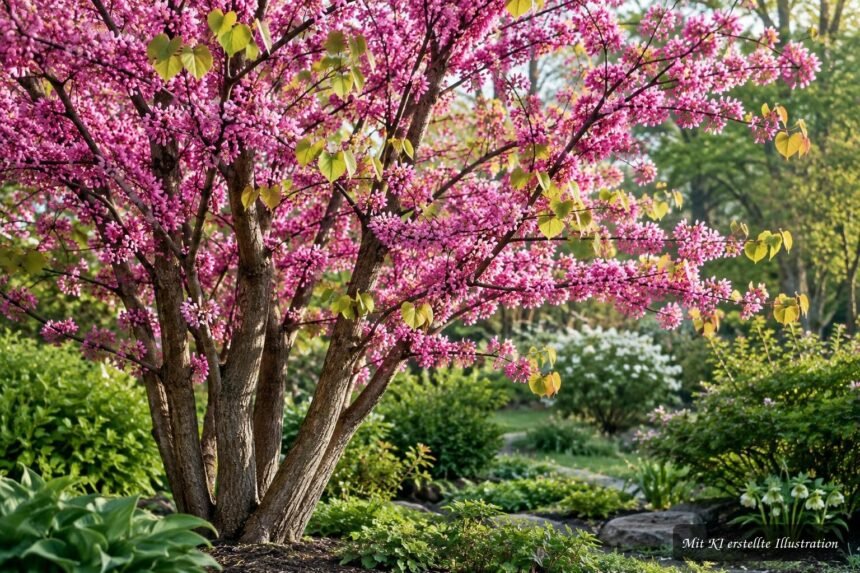 Kanadischer Judasbaum mit leuchtend rosa Blüten im Frühlingsgarten