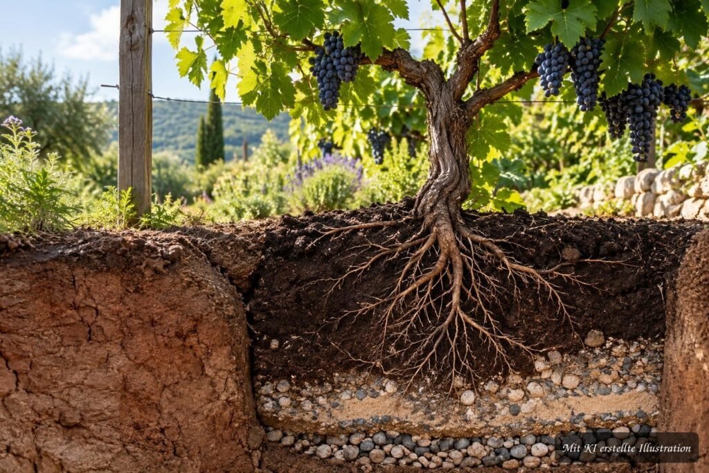 Gesunde Weinreben wachsen in gut durchlässigem Boden ohne Staunässe im Garten.