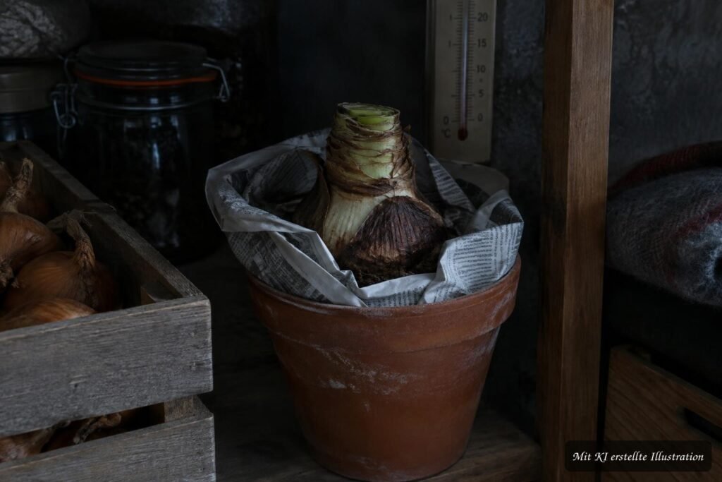 Amaryllis in ihrer Ruhephase an einem kühlen, dunklen und trockenen Ort