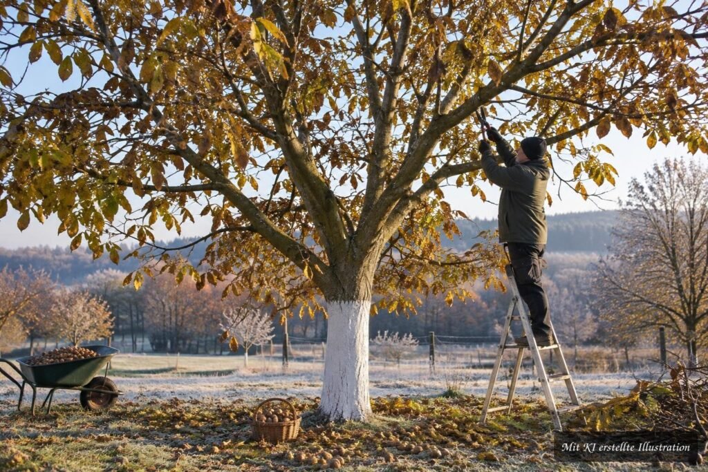 Walnussbaum im Herbst mit geschnittenen Ästen und Schutzmaßnahmen gegen starken Frost