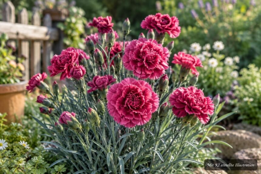 Rosa Landnelke mit gefüllter Blüte und silbrig-grünen Blättern im Garten